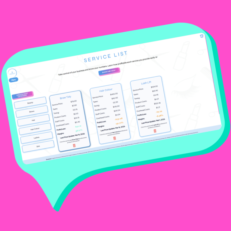 Know your Services 1 Insightful Sums service pricing calculator tool for hair and beauty salons