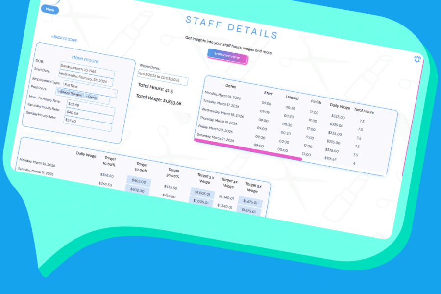 Staff tracking and target management feature for hair and beauty salons
