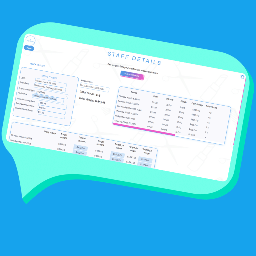 Staff tracking and target management feature for hair and beauty salons